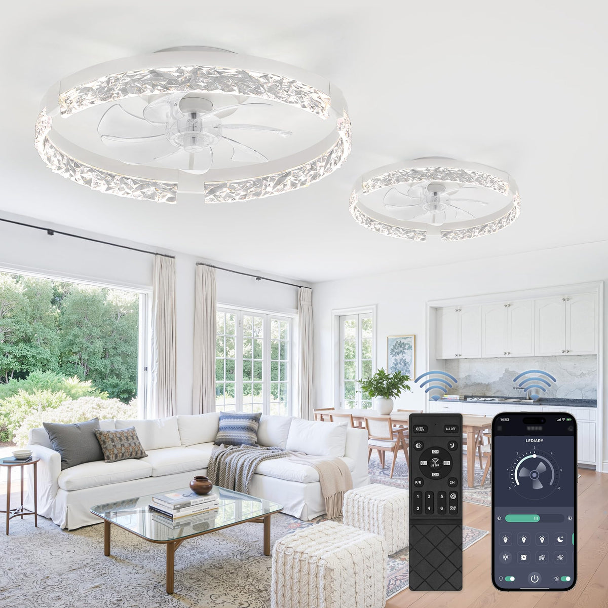 LEDIARY 20" Modern Ceiling Fans with Lights and Remote, White Fandelier | Dimmable Low Profile, Flush Mount Ceiling Fan, Stepless Color Temperature Change, 6 Speeds, Bedroom, Living Room, Kitchen