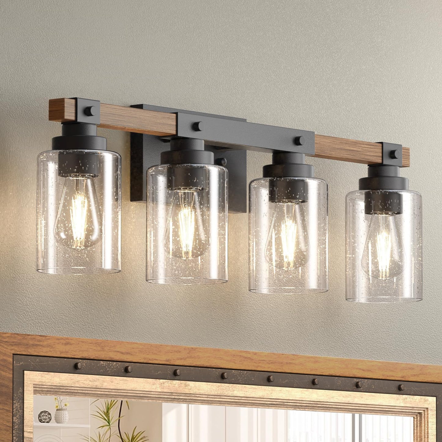 Amico 3-Light Farmhouse Bathroom Vanity Light, Seeded Glass, Black & Wood | Bubble Glass Shade Wall Sconce, Over Mirror Lighting for Bathroom, Bedroom, Living Room, Hallway, Powder Room, Entryway
