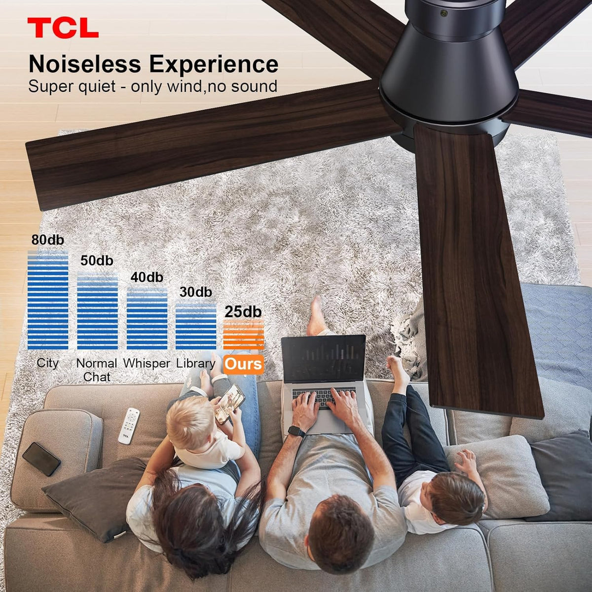 TCL 52" Black Flush Mount Ceiling Fan with Light & Remote | Low profile ceiling fan with quiet 6-speed reversible DC motor. Dimmable LED light. Ideal noiseless fan for bedroom