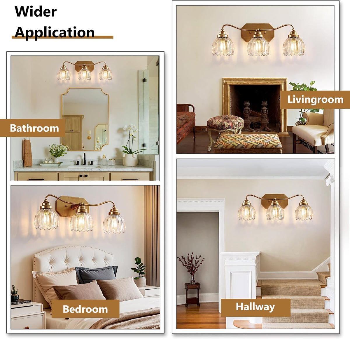 3 Light Gold Vintage Vanity Lights, Antique Brass Finish | Clear Tulip Crystal Shades,Brushed Gold Bathroom Light Fixtures,Wall Sconce Ideal for Bedroom, Hallway, Easy to Install