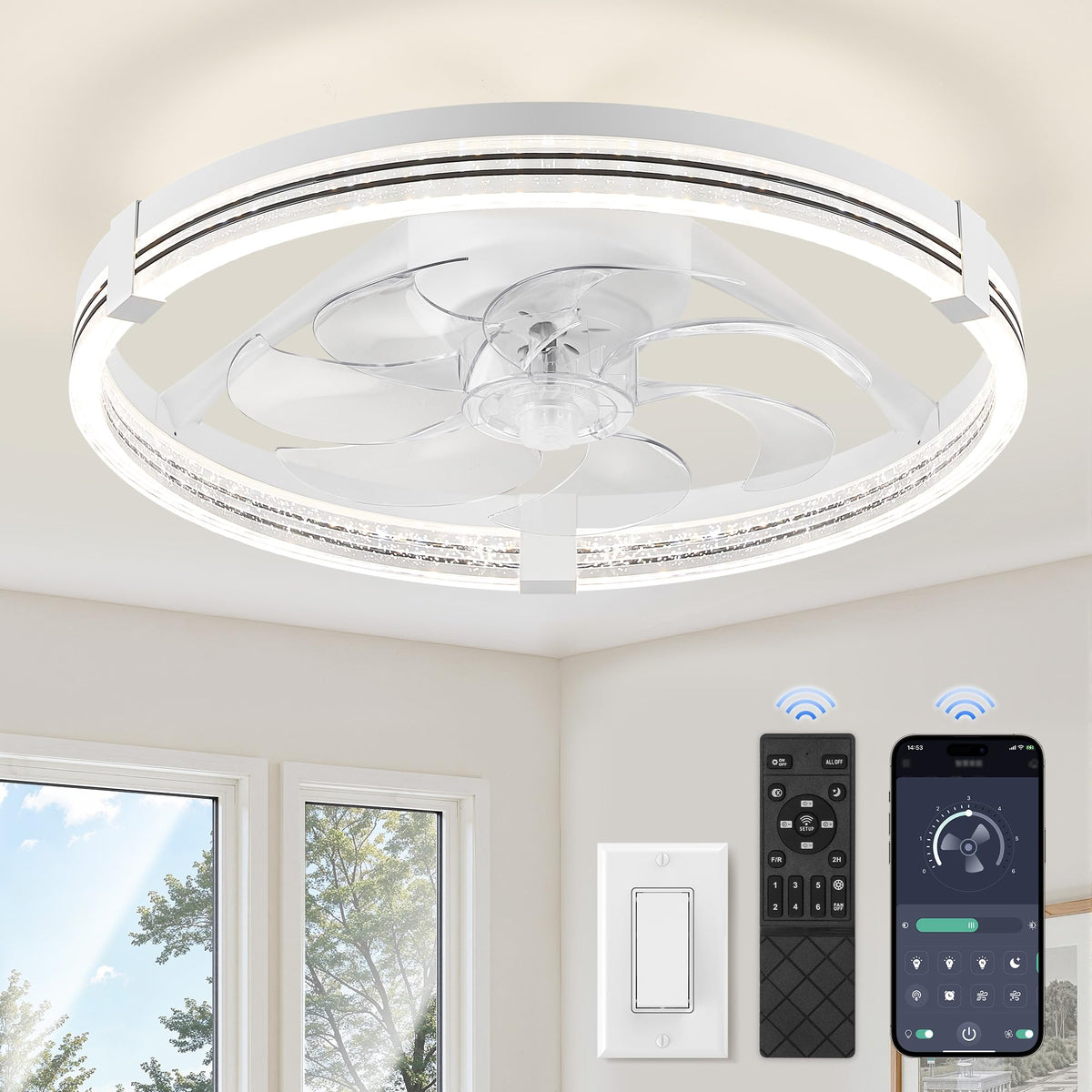 ZMISHIBO Ceiling Fan with Light and remote, 23'' Low Profile Ceiling Fans | Flush Mount Modern Ceiling Fan and Remote Control, 3000K-7000K Dimmable, Modern Fandelier for Bedroom, Living Room