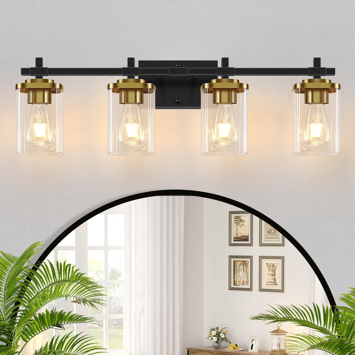 3-Lights Black and Gold Bathroom Light Fixtures Over Mirror, Modern Brushed Gold Vanity Lights for Bathroom, Sconces Wall Lighting with Square Glass Shade for Mirror Bedroom Hallway
