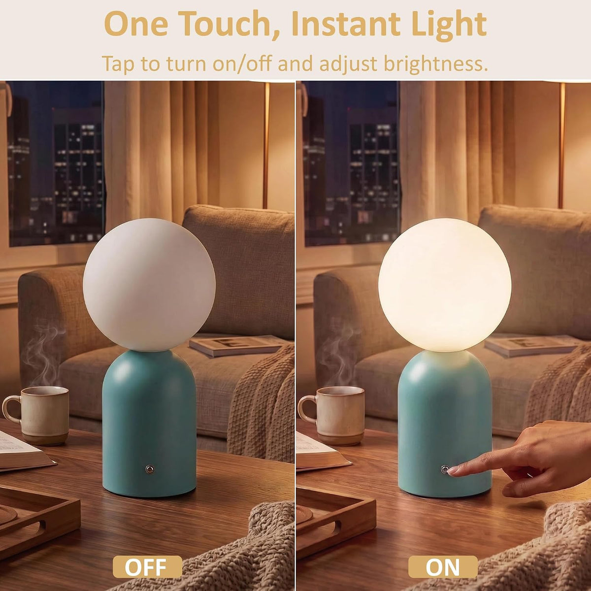 10.8” Cordless Rechargeable LED Table Lamp, White Opal Glass Shade, Blue | 2000mAh Touch Dimmable Desk Lamp for Nightstand, Bedroom, Living Room, Office, Entryway, Camping, Patio Indoor & Outdoor Use