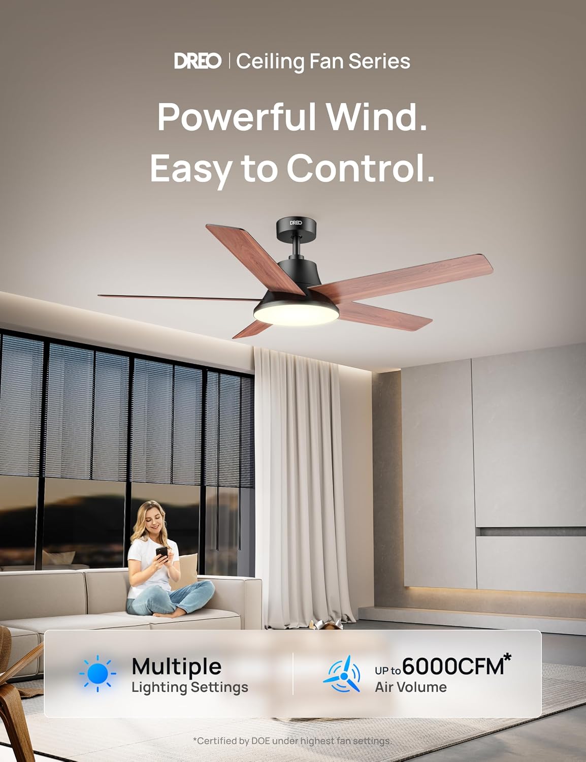 DREO Smart Ceiling Fan with Lights, 52 Inch, 12 Speeds & 3 Fan Modes, Stepless, Dimmable LED Light, Timer, 22dB Quiet DC Motor, Remote/APP/Alexa Control, Black Ceiling Fans Indoor, 2026 Upgraded