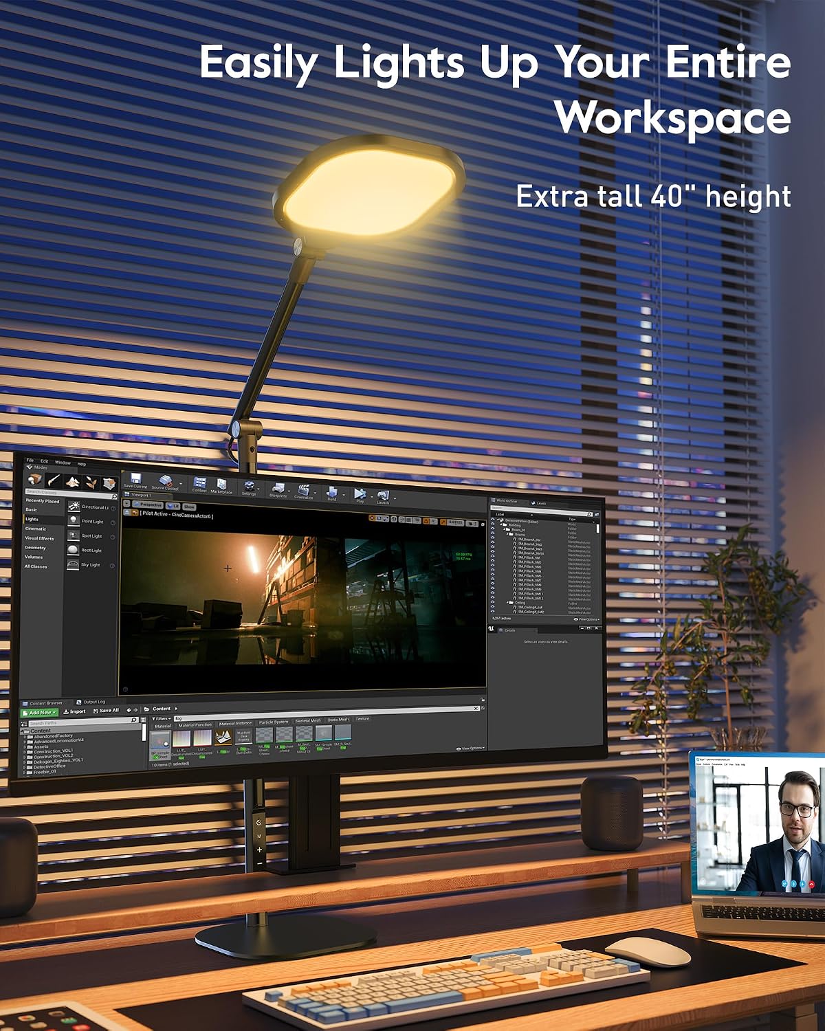 Tall LED Desk Lamps Home Office, Edge-Lit Eye-Care, 50 Light Modes | 40", Dimmable & Flexible, CRI>97.8, Memory and Timer Func, Stable Metal Base, Desk Lights for Home Office, Video Calls, Task