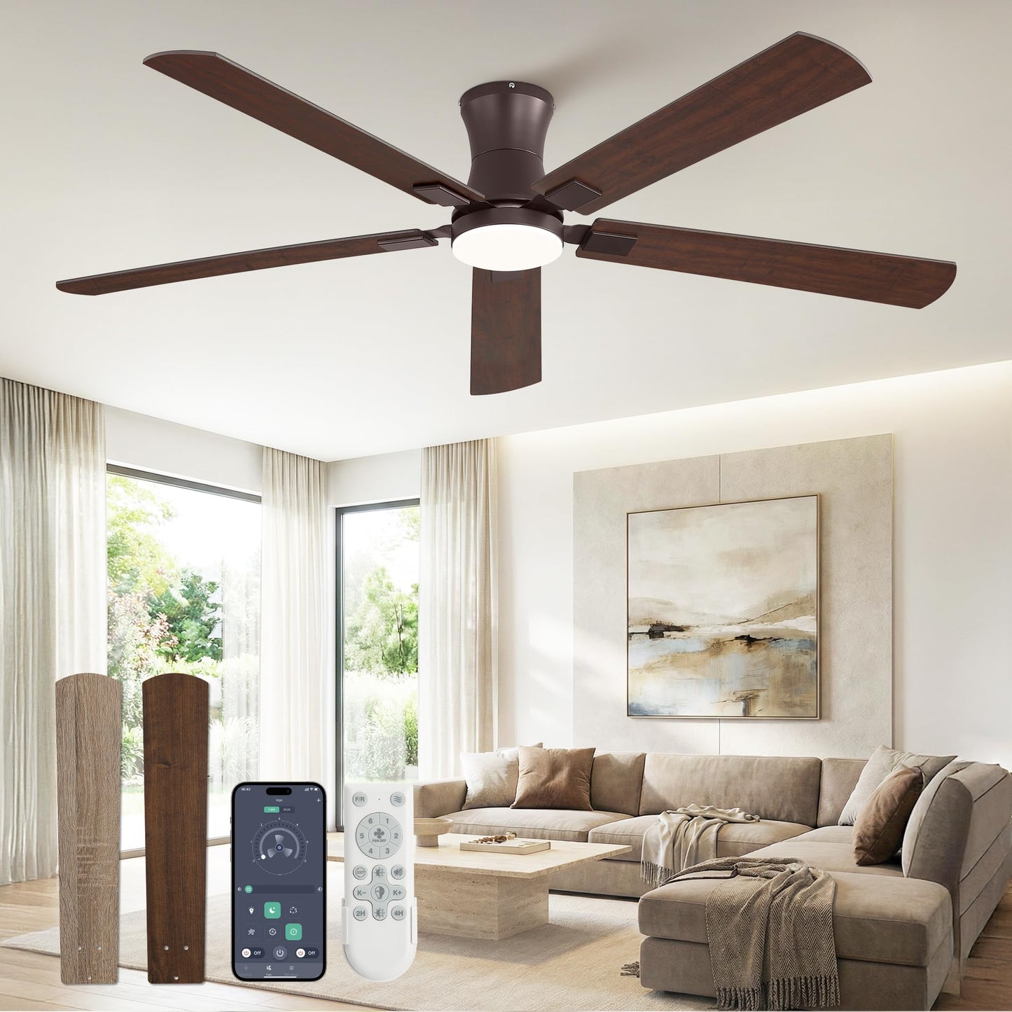Fanbulous 52 inch Ceiling Fan with Light, Low Profile, App & Remote Control | Flush Mount, Stepless Dimming LED Light, Quiet Reversible DC Motor, Memory Function, Living Room, Bedroom, Patio, Black