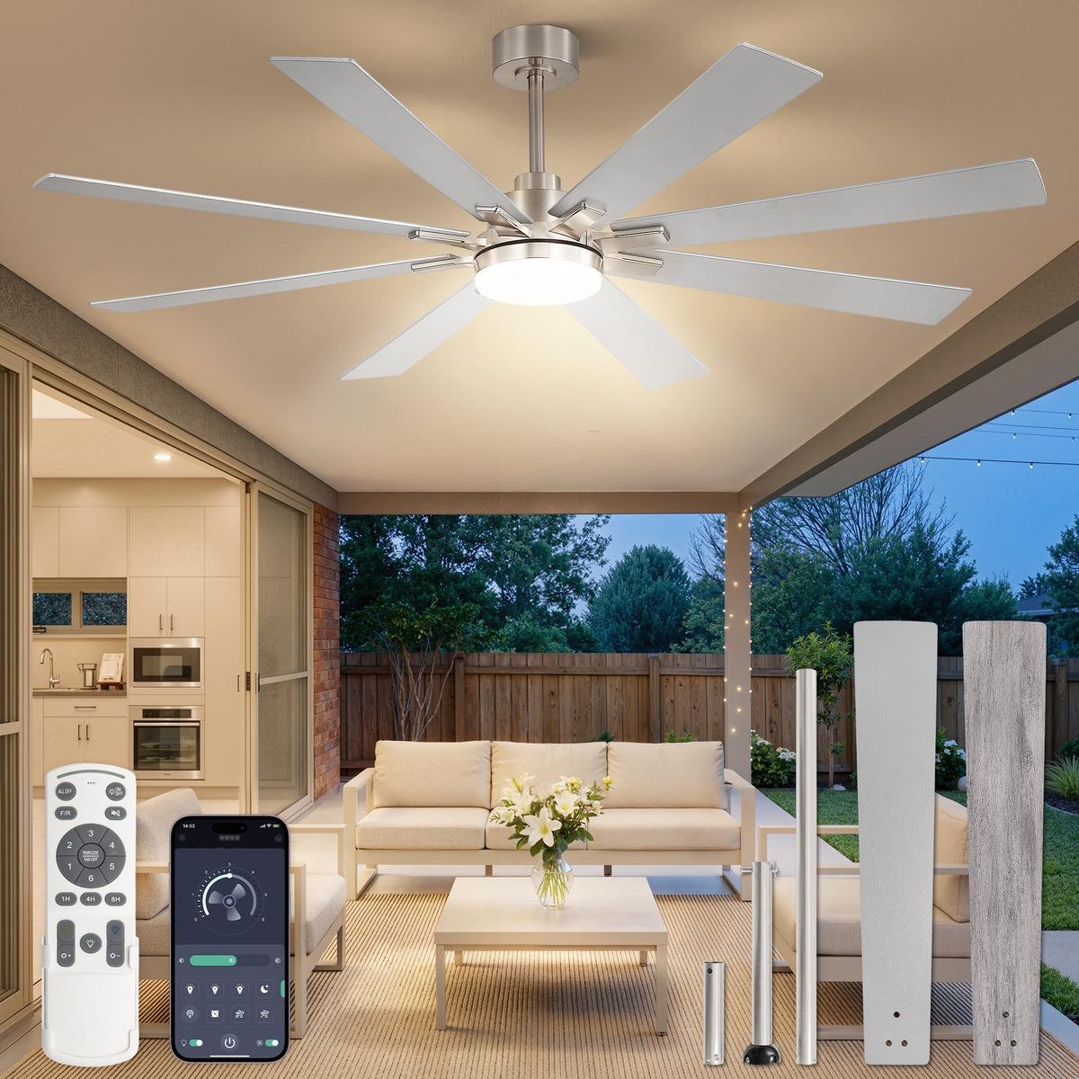 Fanbulous 72 Inch Ceiling Fans with Lights DC Motor, Remote & APP Control | Damp Rated, Dimmable, 3CCT, Memory Function, Dual-Sided Reversible Blades, Flat/Sloped Ceiling, Living Room, Covered Patio