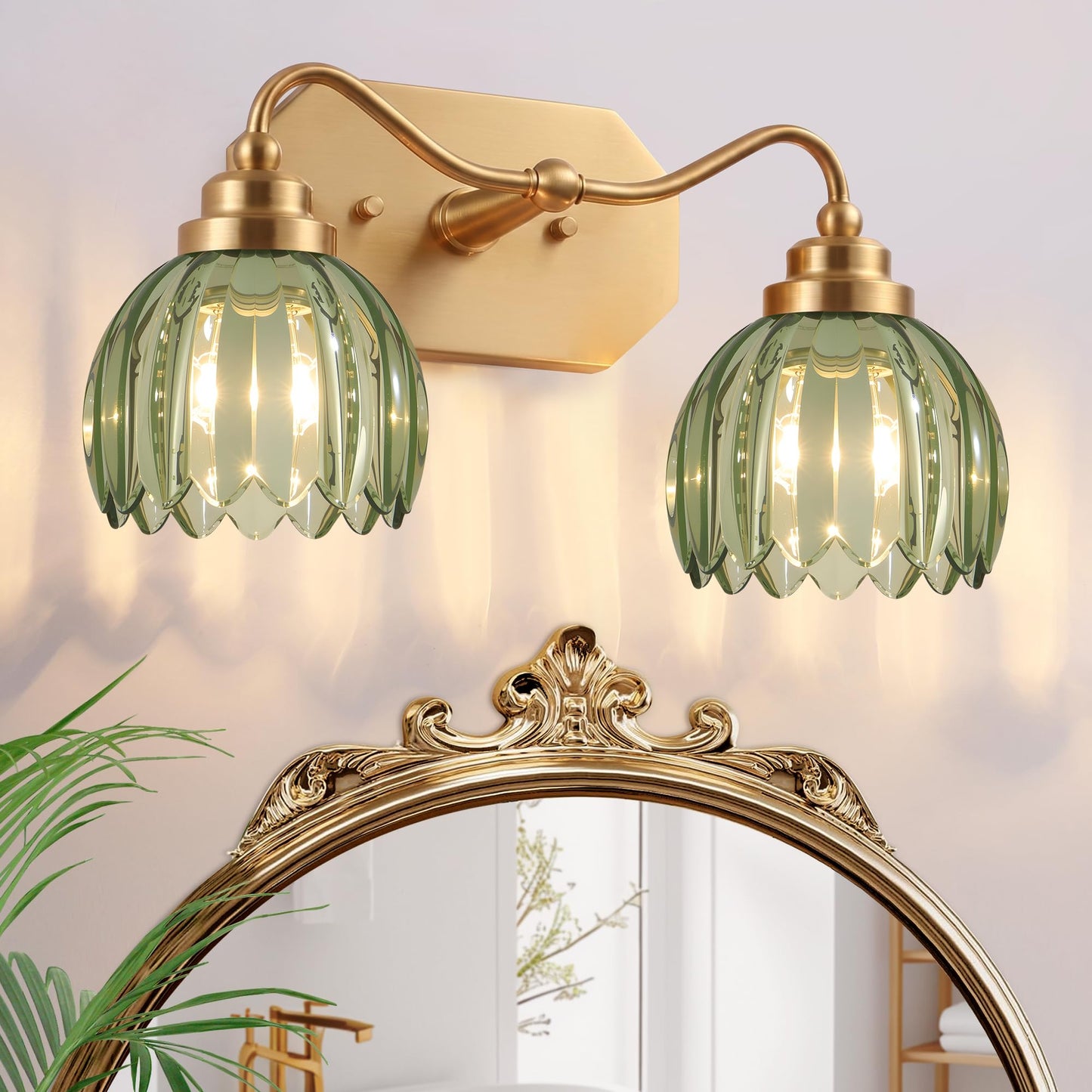 3 Light Gold Vintage Vanity Lights, Antique Brass Finish | Clear Tulip Crystal Shades,Brushed Gold Bathroom Light Fixtures,Wall Sconce Ideal for Bedroom, Hallway, Easy to Install