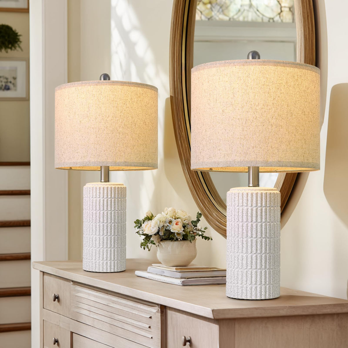 PoKat 20.75" Small Modern Ceramic Table Lamps Set of 2 for Bedroom, White | Bedside lamps for nightstands, farmhouse home decor, end table & desk light, ideal housewarming new home gift for women mom