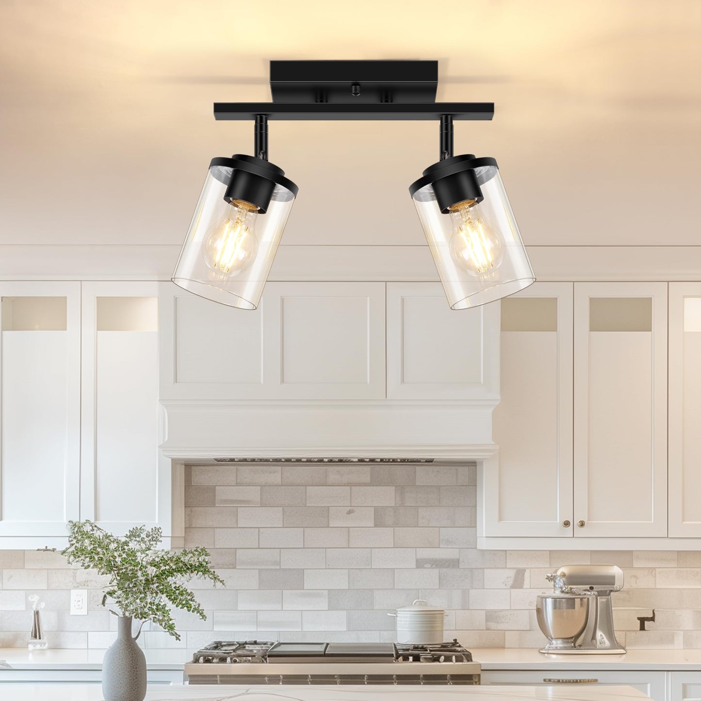 FadimiKoo 3-Lights Semi Flush Mount Ceiling Light, Adjustable Kitchen Light Fixtures Ceiling Mount with Clear Glass Shades, Rotatable Black Track Lighting Fixtures for Hallway, Foyer, Bedroom
