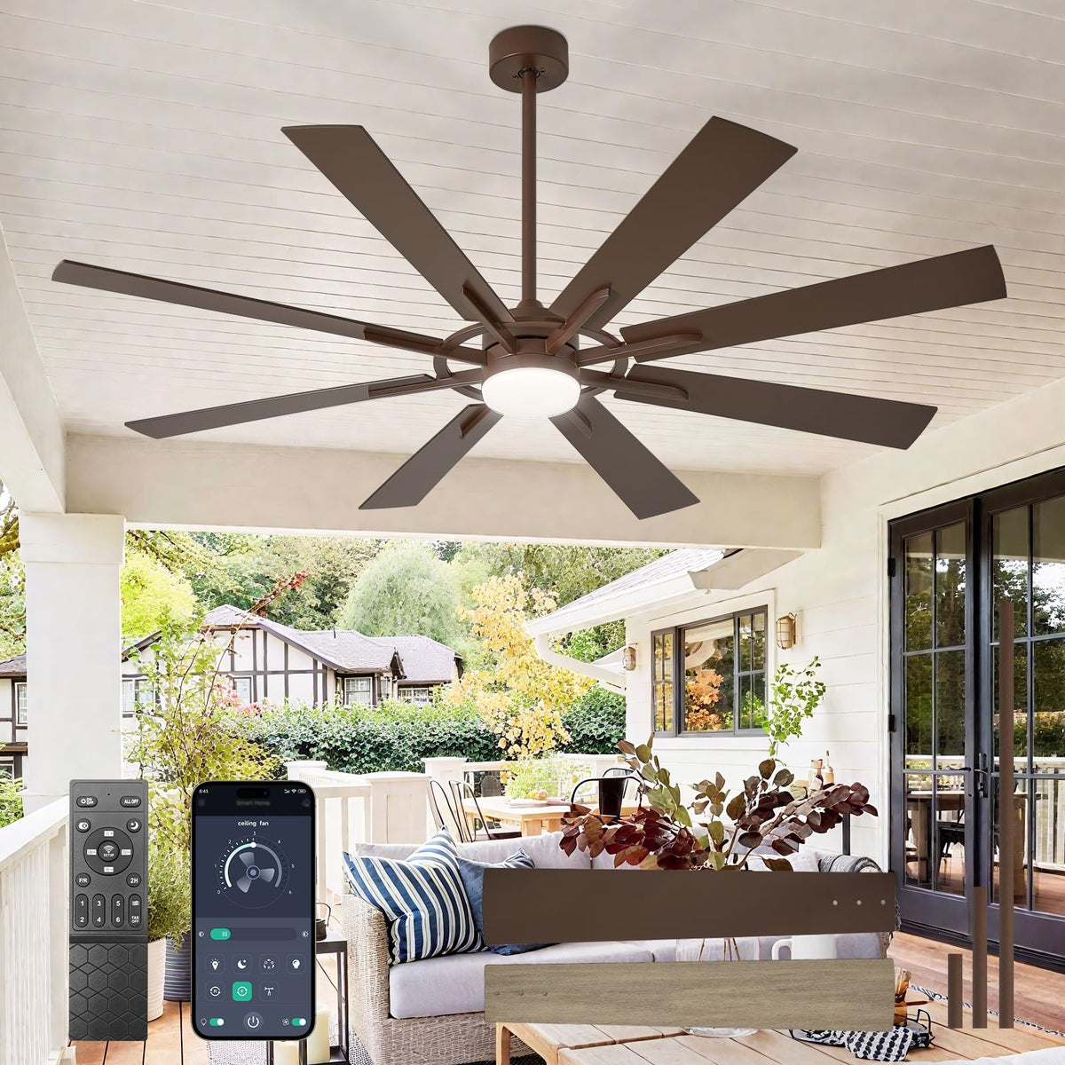 Large Ceiling Fans with Lights: Modern 72 Inch 8 Blade Outdoor Ceiling Fan with Remote APP Control - Dimmable Black Big Fan Light Indoor Reversible 6 Speed Quiet DC Motor
