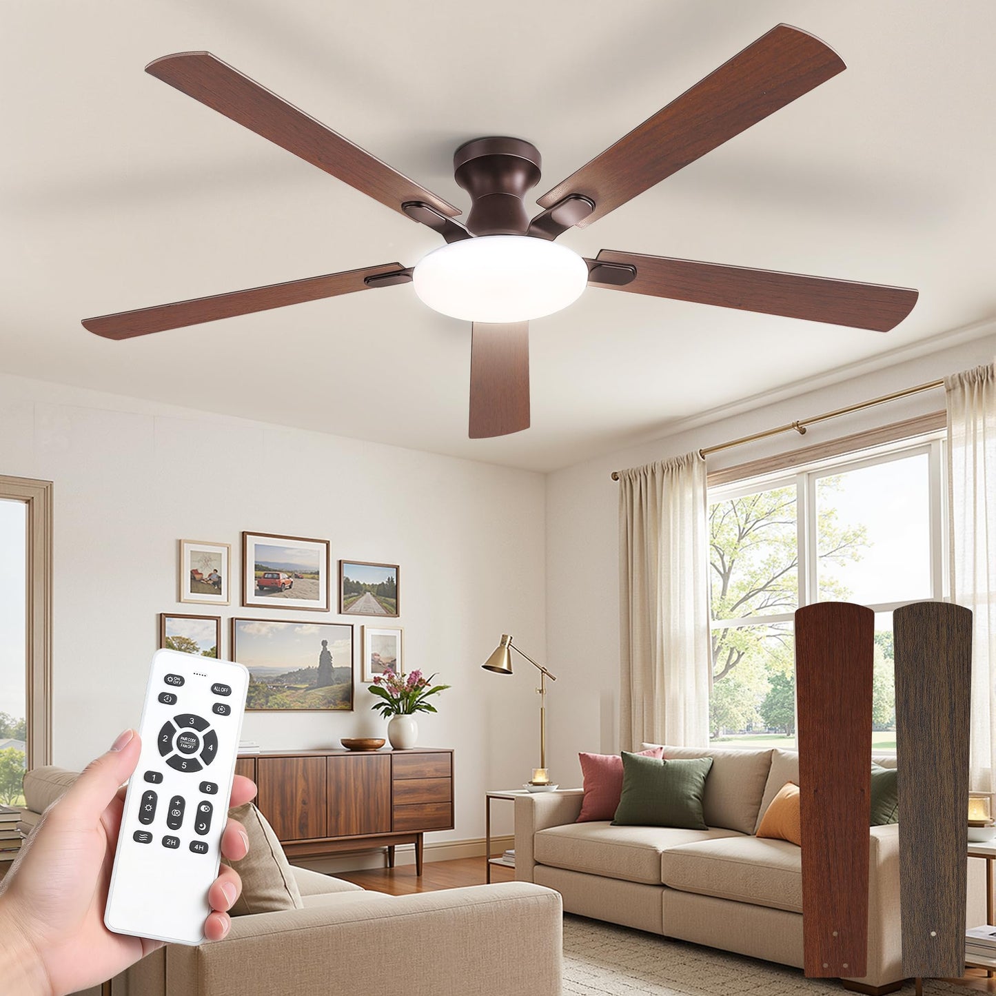 LEDIARY 52 Inch Flush Mount Ceiling Fans with Lights, Remote & APP Control | Bright Light, 3CCT, Memory Function, Timer, Reversible Blade, Quiet DC Motor, Damp-Rated, Living Room, Bedroom, Covered Patio