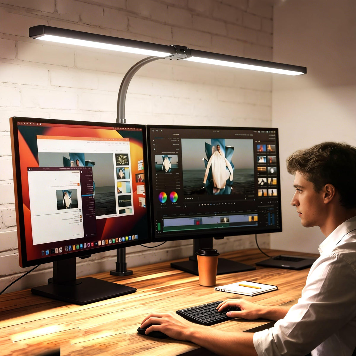 LED Desk Lamp with Clamp, Dual Head Monitor Light, Remote | 24W Dimmable Eye-Caring Task Lamp with Timer, Anti-Glare Cover and Gooseneck for Home Office Dorm Workbench and Study