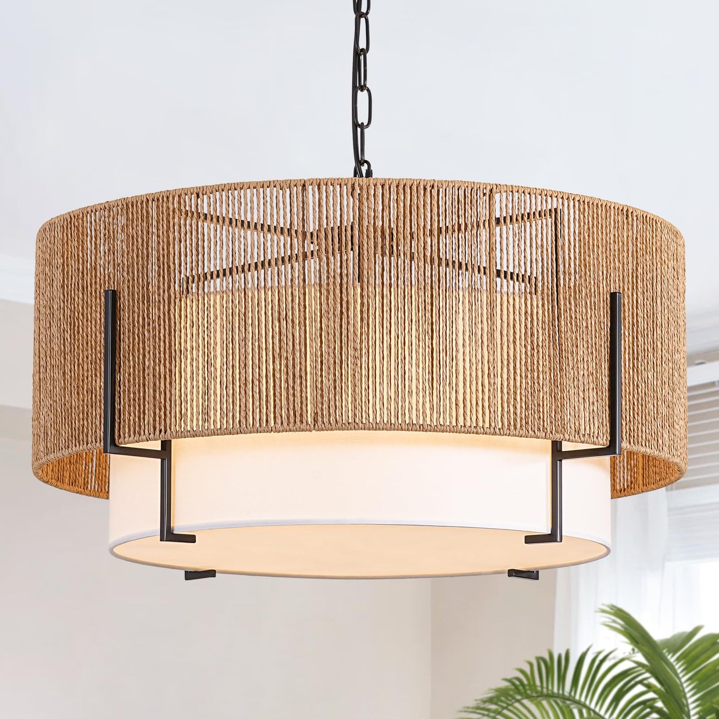 4-Light Rattan Chandelier for Dining Room, 19.7" Boho Pendant Light | Hand Woven, Drum Design with Fabric Shade, Farmhouse Style, for Living Room, Kitchen Island, Bedroom, Hallway, Foyer