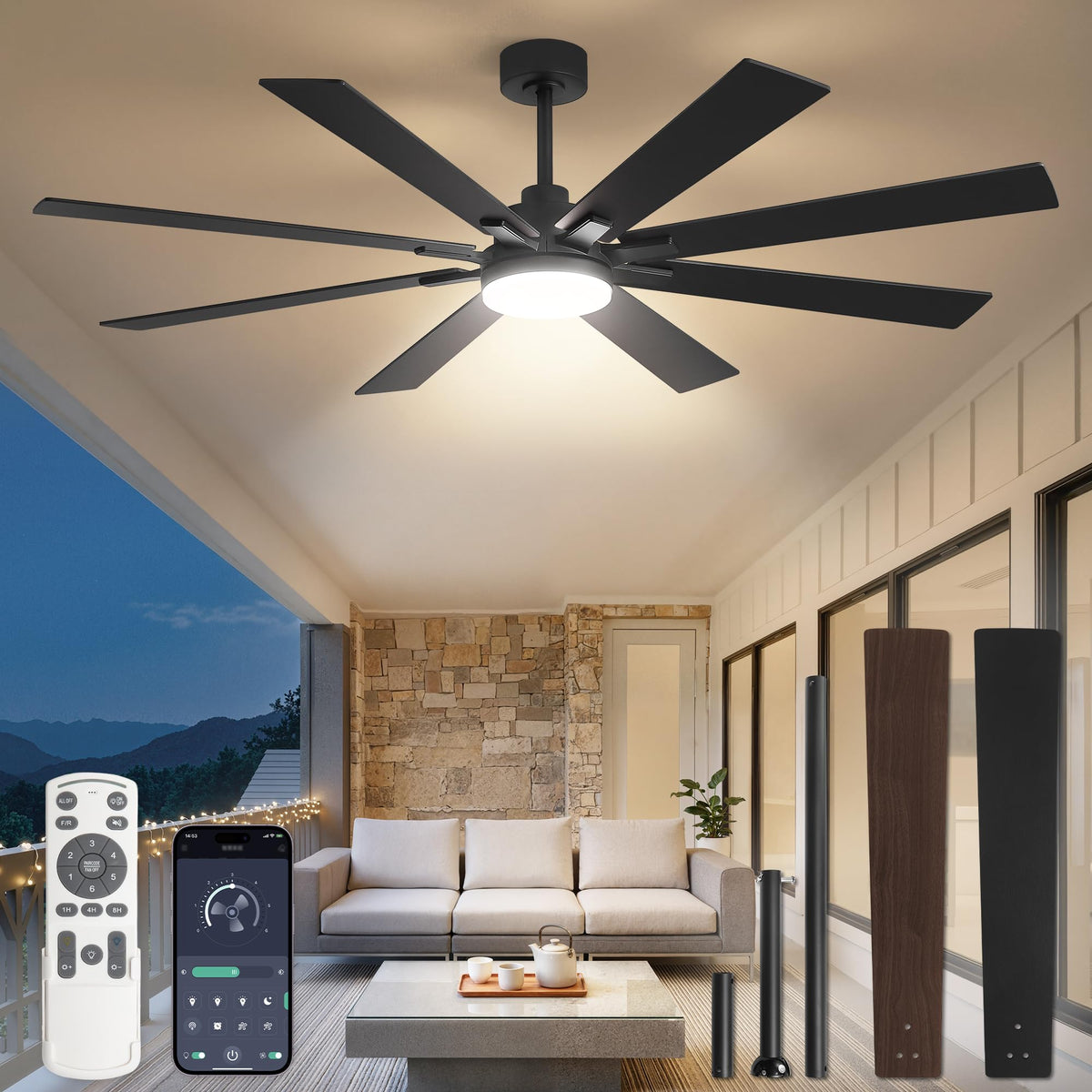 Fanbulous 72 Inch Ceiling Fans with Lights DC Motor, Remote & APP Control | Damp Rated, Dimmable, 3CCT, Memory Function, Dual-Sided Reversible Blades, Flat/Sloped Ceiling, Living Room, Covered Patio