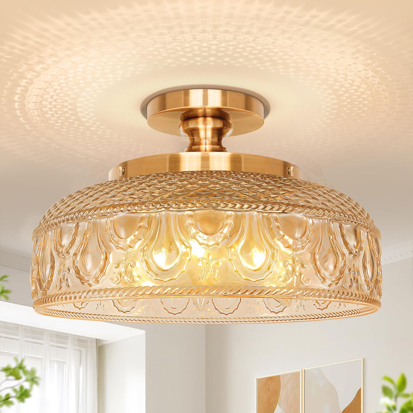 Lamomo Semi Flush Mount Ceiling Light, Golden Hallway Fixture, 12in | 3 Bulb Globe Glass Close to Sconce, kitchen lights, Indoor Hanging Lamp for Bedroom Kitchen Porch Hallway, Bulbs Not Included