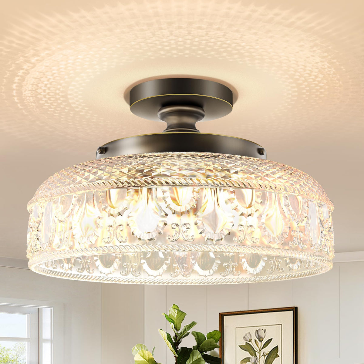 Lamomo Semi Flush Mount Ceiling Light, Golden Hallway Fixture, 12in | 3 Bulb Globe Glass Close to Sconce, kitchen lights, Indoor Hanging Lamp for Bedroom Kitchen Porch Hallway, Bulbs Not Included