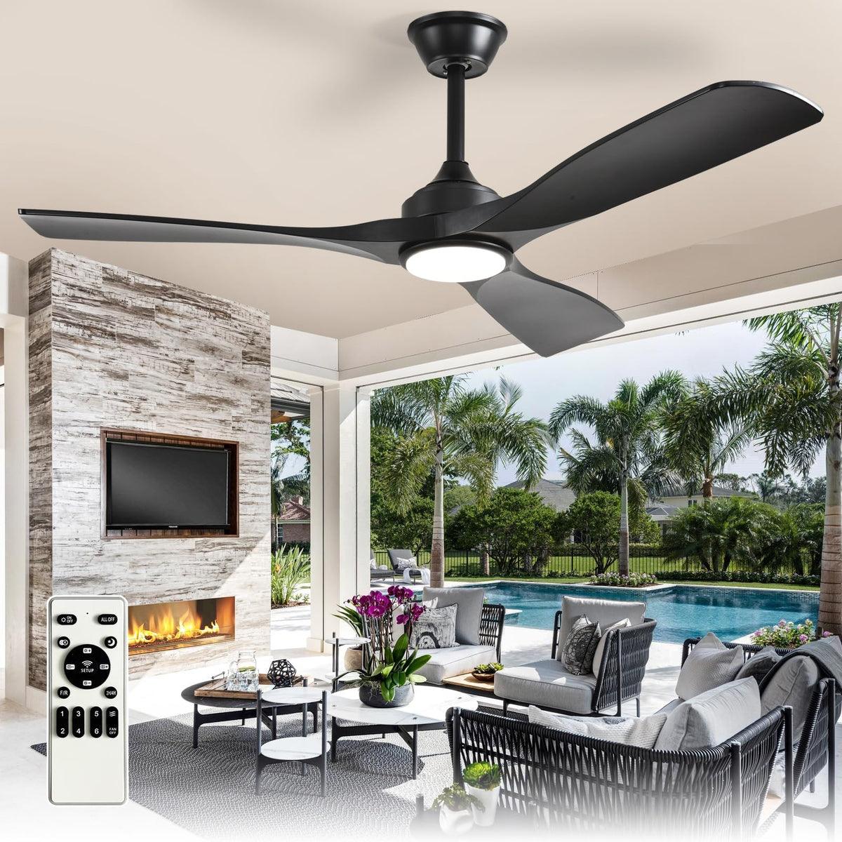 Outdoor Ceiling Fan with Light: 52 Inch 3 Blade Outdoor Fans for Patios - Modern Plastic Walnut Ceiling Fan with Dimmable Light Remote Control Ultra Quiet Reversible DC Motor Timer