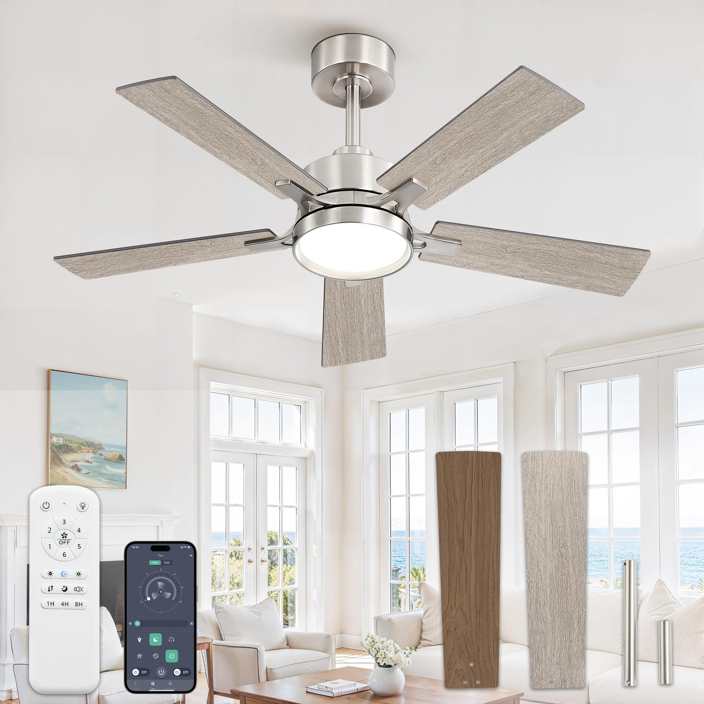 52 Inch Ceiling Fan with Lights,APP&Remote Control,DC Motor | Dimmable LED,3CCT,Memory Function,Dual-Finish Reversible Blades,Damp Rated,6 Speeds,Timer,Living Room,Bedroom,Covered Patio