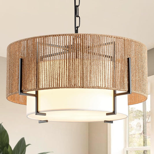 4-Light Rattan Chandelier for Dining Room, 19.7" Boho Pendant Light | Hand Woven, Drum Design with Fabric Shade, Farmhouse Style, for Living Room, Kitchen Island, Bedroom, Hallway, Foyer
