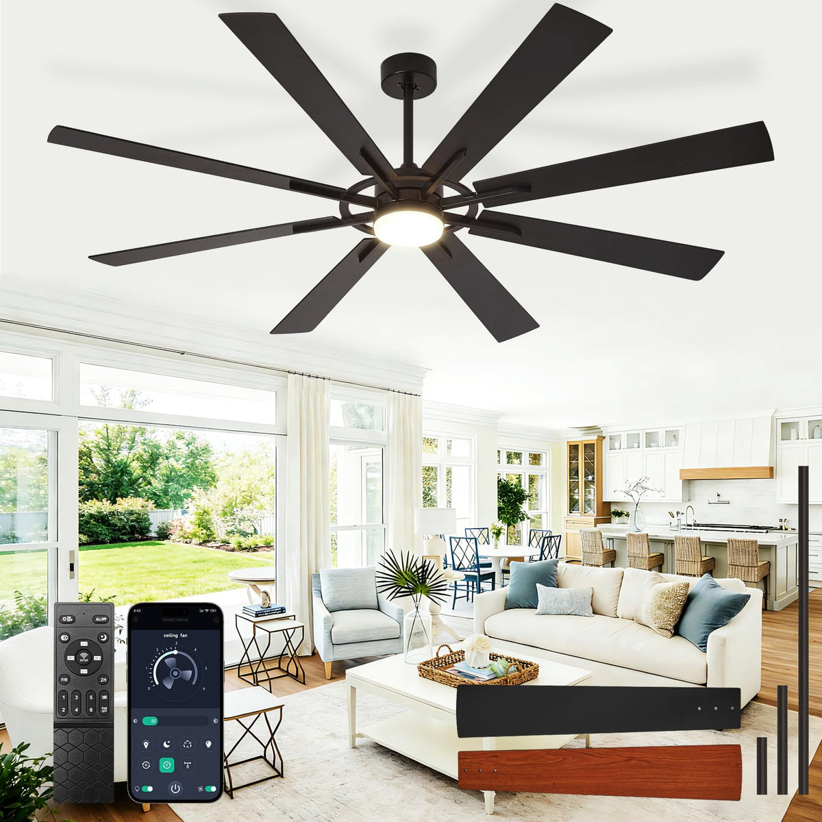 Large Ceiling Fans with Lights: Modern 72 Inch 8 Blade Outdoor Ceiling Fan with Remote APP Control - Dimmable Black Big Fan Light Indoor Reversible 6 Speed Quiet DC Motor