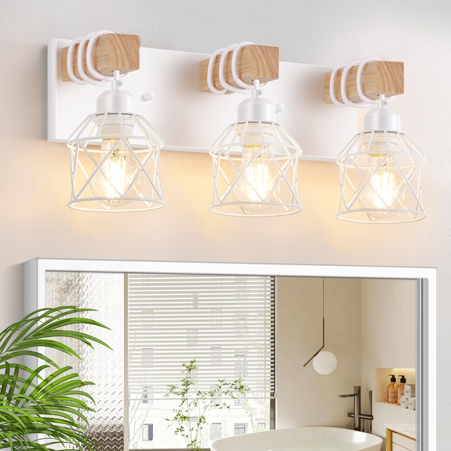 FadimiKoo 3-Light Bathroom Vanity Lights, Farmhouse Bathroom Light Fixtures | Rustic Wood & Black Metal Shade, Wood Bathroom Lighting Fixtures Over Mirror, Wall Sconces for Bathroom Bedroom Living Room