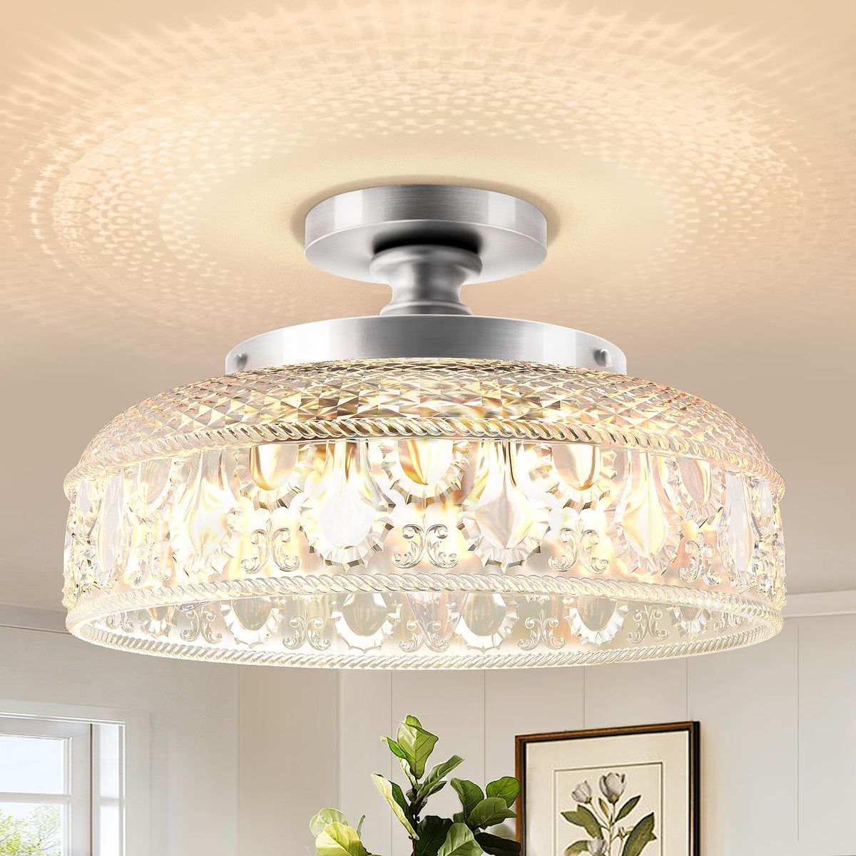 Lamomo Semi Flush Mount Ceiling Light, Golden Hallway Fixture, 12in | 3 Bulb Globe Glass Close to Sconce, kitchen lights, Indoor Hanging Lamp for Bedroom Kitchen Porch Hallway, Bulbs Not Included