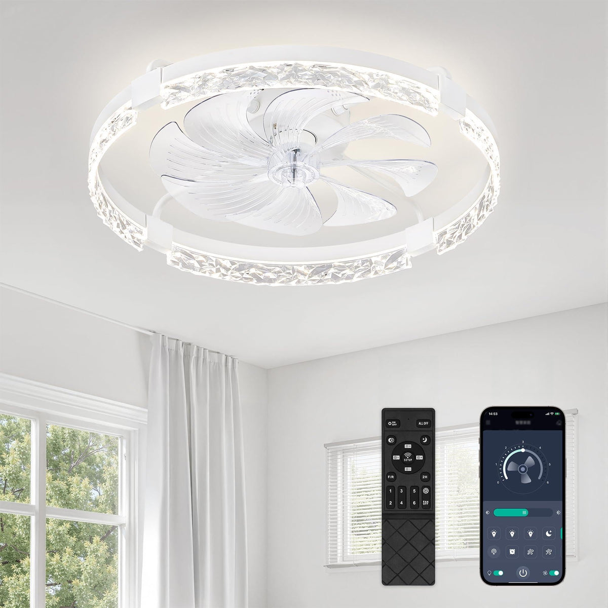 LEDIARY 20" Modern Ceiling Fans with Lights and Remote, White Fandelier | Dimmable Low Profile, Flush Mount Ceiling Fan, Stepless Color Temperature Change, 6 Speeds, Bedroom, Living Room, Kitchen