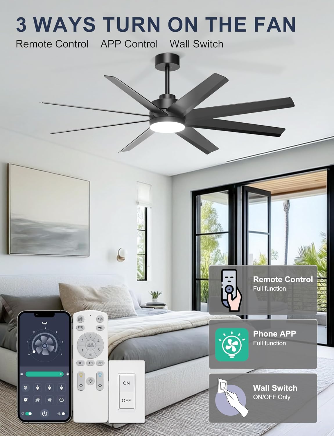 Ohniyou 60" Black Ceiling Fan with Light for Patio, Porch, Living Room | Remote/App Control, Quiet DC Motor, 3CCT Dimming, Modern Covered Outdoor Fan with 8 ABS Blades