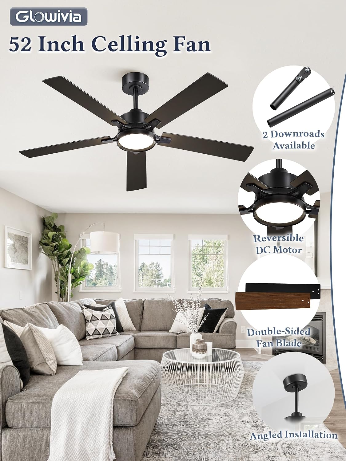 52 Inch Ceiling Fan with Lights,APP&Remote Control,DC Motor | Dimmable LED,3CCT,Memory Function,Dual-Finish Reversible Blades,Damp Rated,6 Speeds,Timer,Living Room,Bedroom,Covered Patio