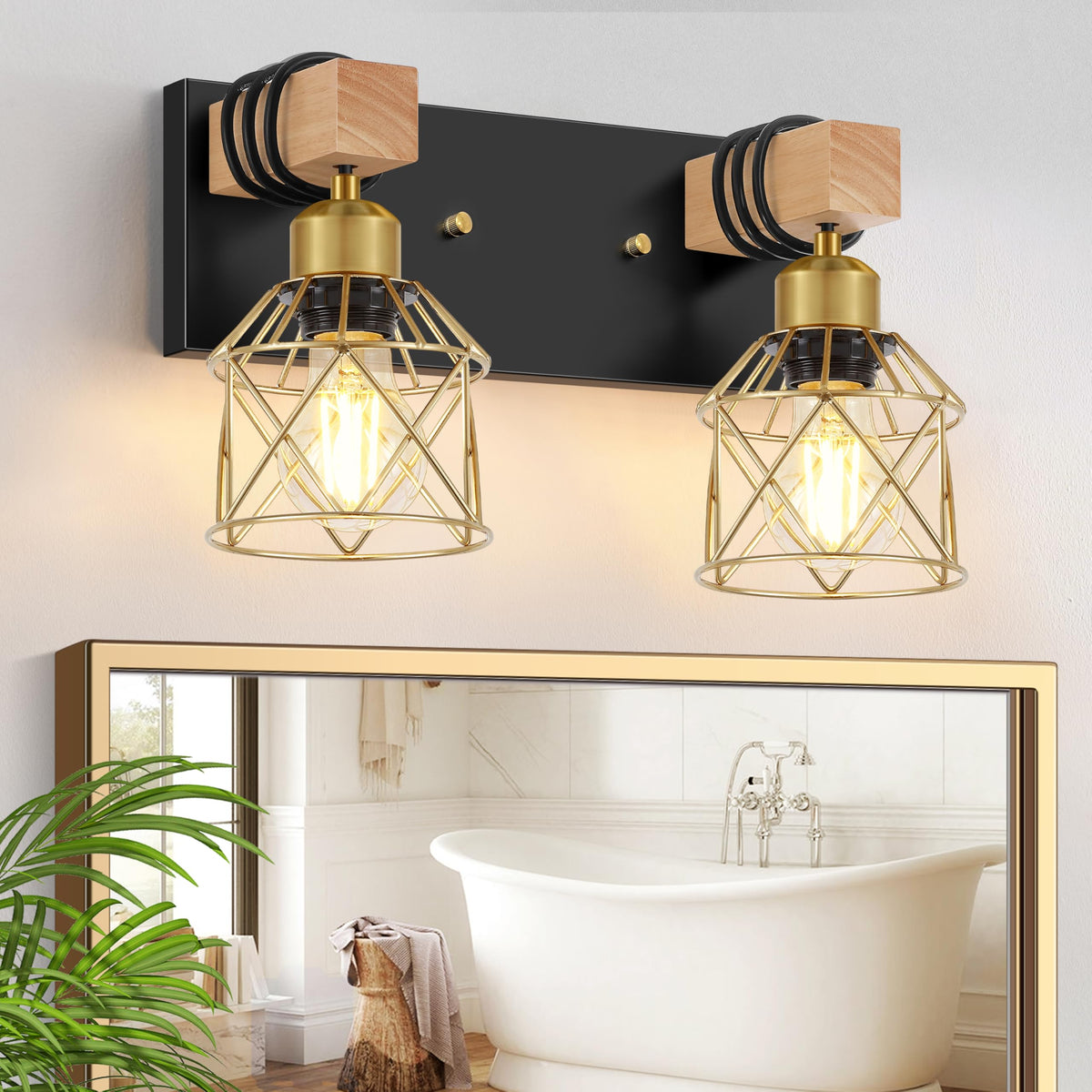 FadimiKoo 3-Light Bathroom Vanity Lights, Farmhouse Bathroom Light Fixtures | Rustic Wood & Black Metal Shade, Wood Bathroom Lighting Fixtures Over Mirror, Wall Sconces for Bathroom Bedroom Living Room