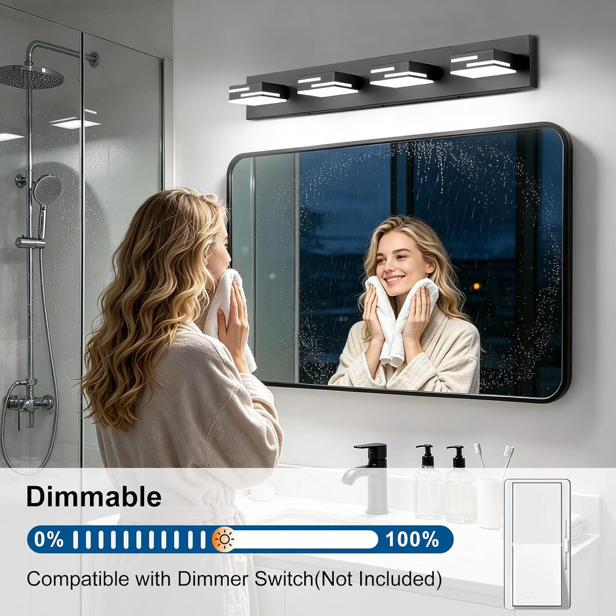 LED Modern Bathroom Vanity Light Fixtures, Dimmable Matte Black Vanity Lights for Bathroom Lighting Fixtures Over Mirror, with 360° Rotatable Acrylic Heads 4-Light 30-inch (Cool White 6000K)