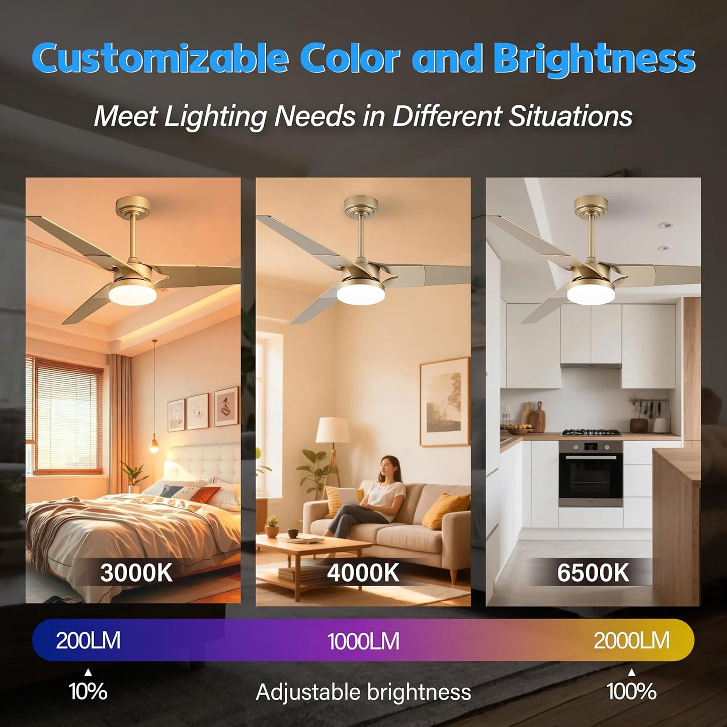 Gold Ceiling Fan with Lights and Remote, 52 In | 3 Blade Style, App Remote Control, Timer, Reversible, 3CCT, 6 Speed, 2 Color Blade for Indoor, Bedroom, Living Room