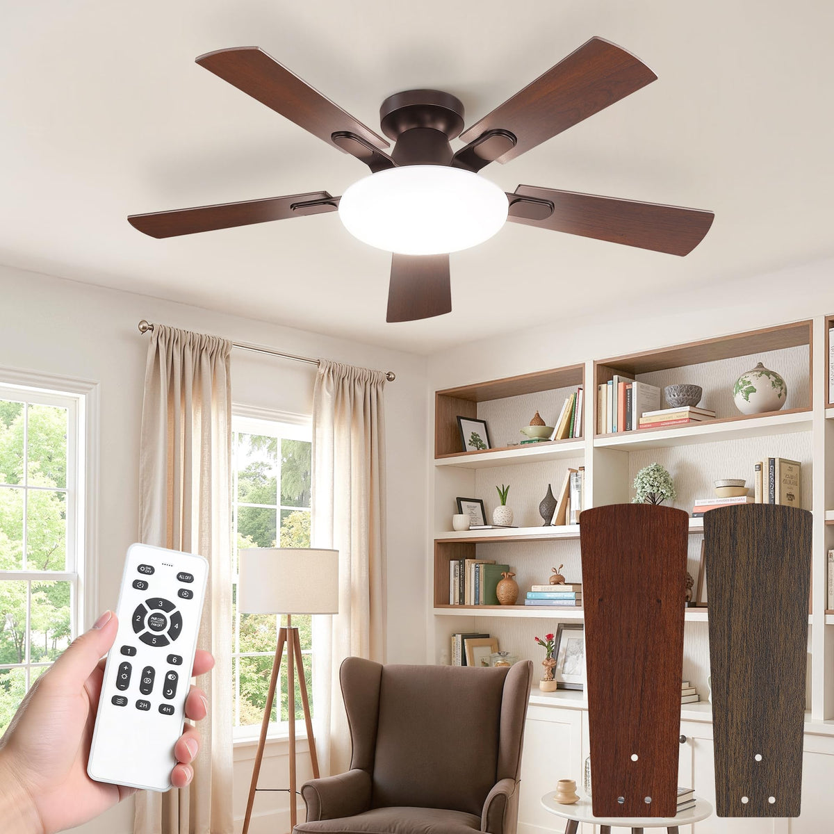 LEDIARY 52 Inch Flush Mount Ceiling Fans with Lights, Remote & APP Control | Bright Light, 3CCT, Memory Function, Timer, Reversible Blade, Quiet DC Motor, Damp-Rated, Living Room, Bedroom, Covered Patio