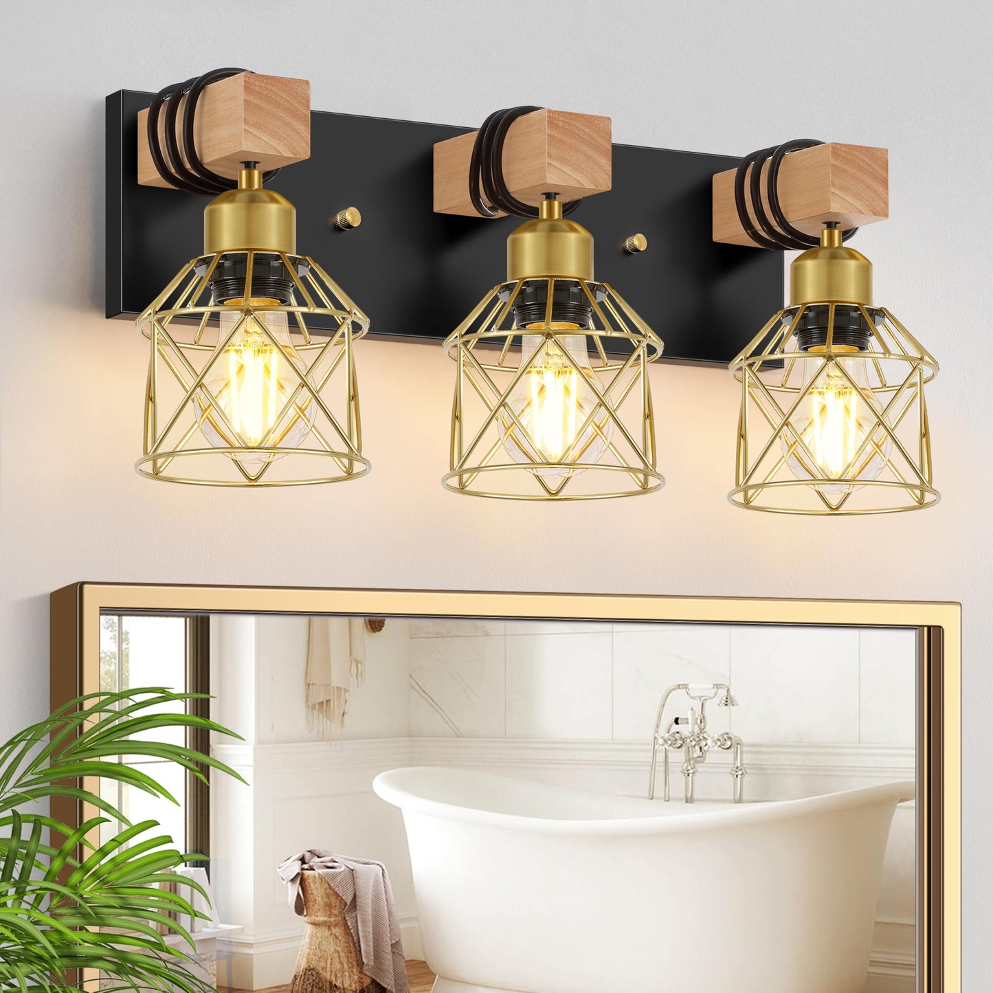 FadimiKoo 3-Light Bathroom Vanity Lights, Farmhouse Bathroom Light Fixtures | Rustic Wood & Black Metal Shade, Wood Bathroom Lighting Fixtures Over Mirror, Wall Sconces for Bathroom Bedroom Living Room
