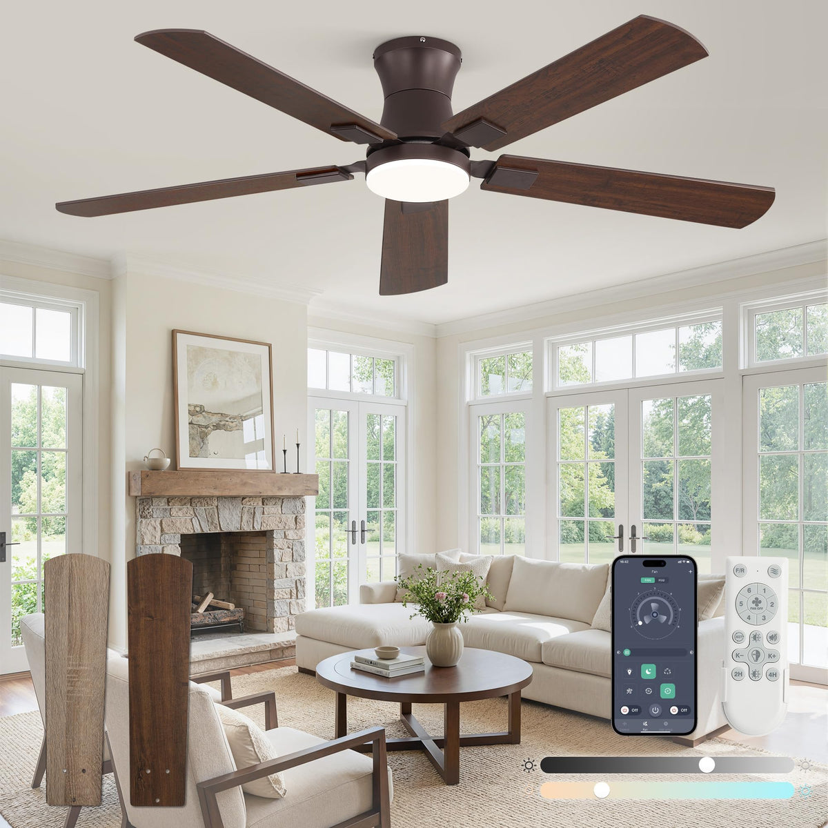 Fanbulous 52 inch Ceiling Fan with Light, Low Profile, App & Remote Control | Flush Mount, Stepless Dimming LED Light, Quiet Reversible DC Motor, Memory Function, Living Room, Bedroom, Patio, Black
