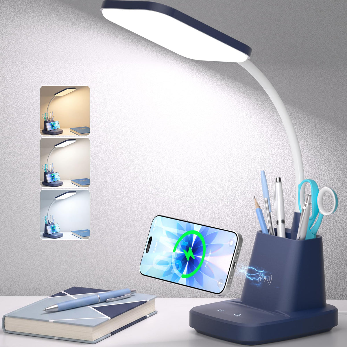 LED Desk Lamp with 10W Wireless Charging & Pen Holder, Black | CRI 95, 800LM, Stepless Dimming, 3 Modes, 360°Flexible Arm, Touch, Study Table Lamp for Home Office, Dorm Room, with Adapter