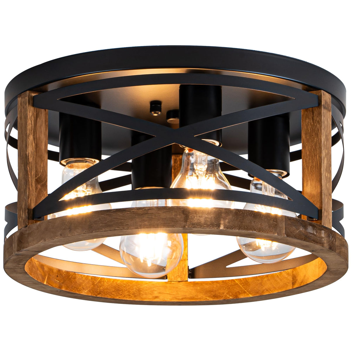 Farmhouse Ceiling Light, 2-Light Round Flush Mount Ceiling Light with Wood and Metal Frame, Black Rustic Light Fixture for Hallway, Entryway, Bedroom, Kitchen