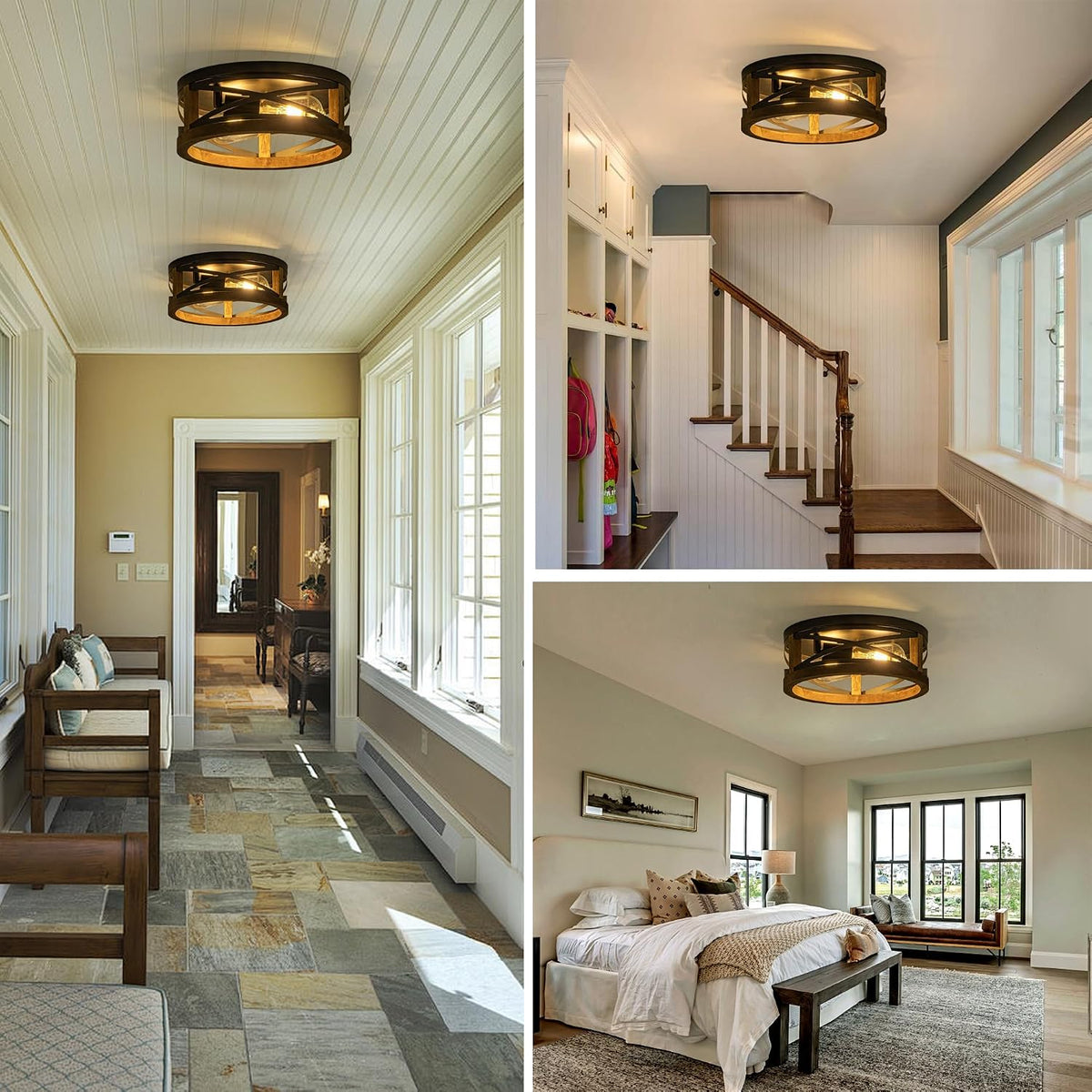 Farmhouse Ceiling Light, 2-Light Round Flush Mount Ceiling Light with Wood and Metal Frame, Black Rustic Light Fixture for Hallway, Entryway, Bedroom, Kitchen