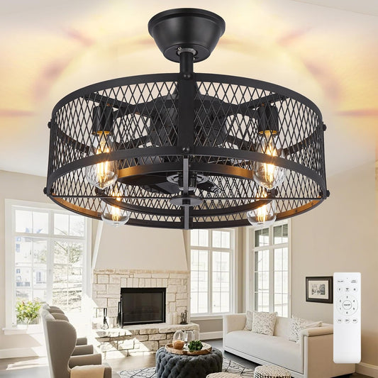 DLLT Caged Ceiling Fan with Light: 20" Farmhouse Fandelier with Lights and Remote Control - Black Rustic Semi Flush Mount Bladeless Ceiling Fans Enclosed Fan for Bedroon Kitchen Living Dining Room