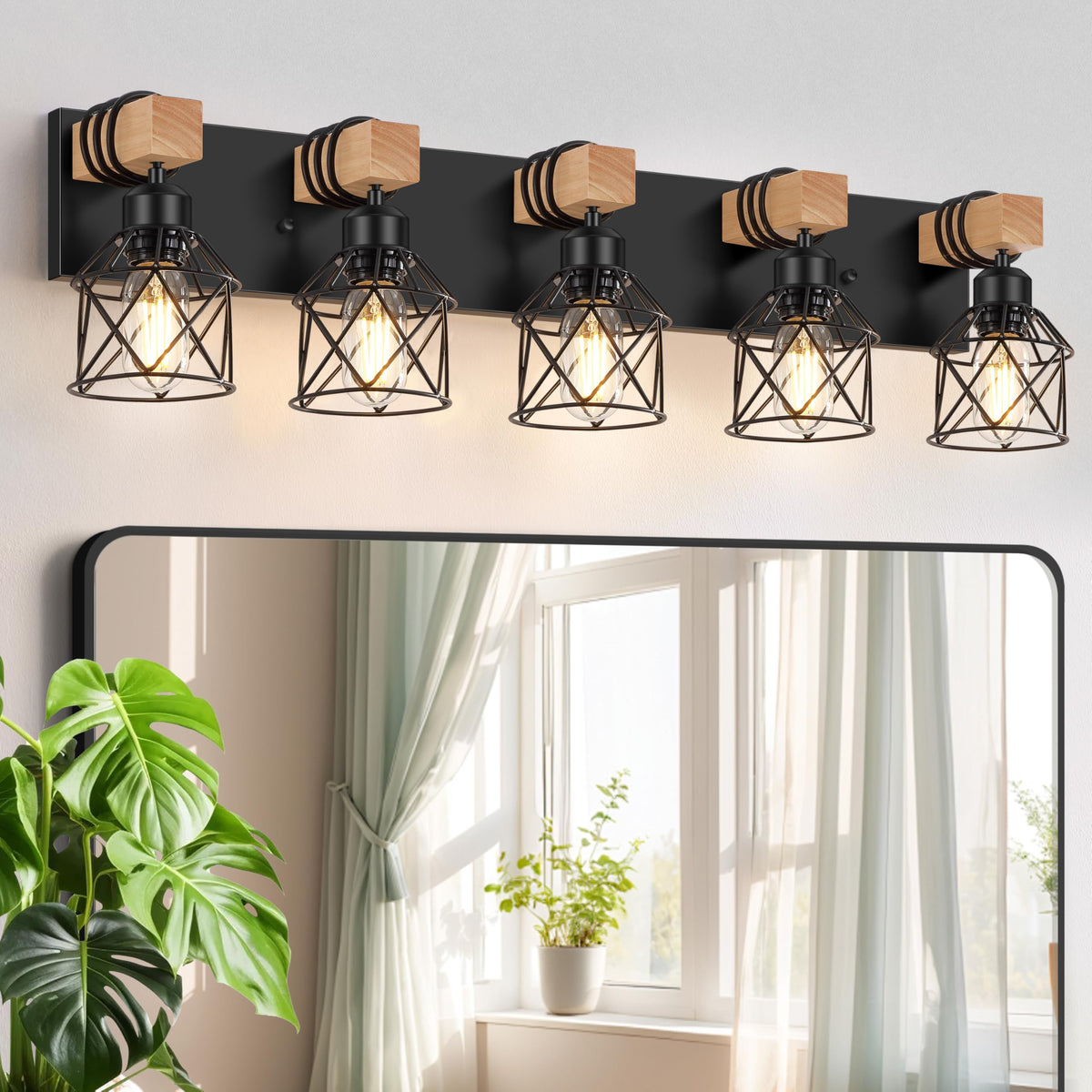 FadimiKoo 3-Light Bathroom Vanity Lights, Farmhouse Bathroom Light Fixtures | Rustic Wood & Black Metal Shade, Wood Bathroom Lighting Fixtures Over Mirror, Wall Sconces for Bathroom Bedroom Living Room