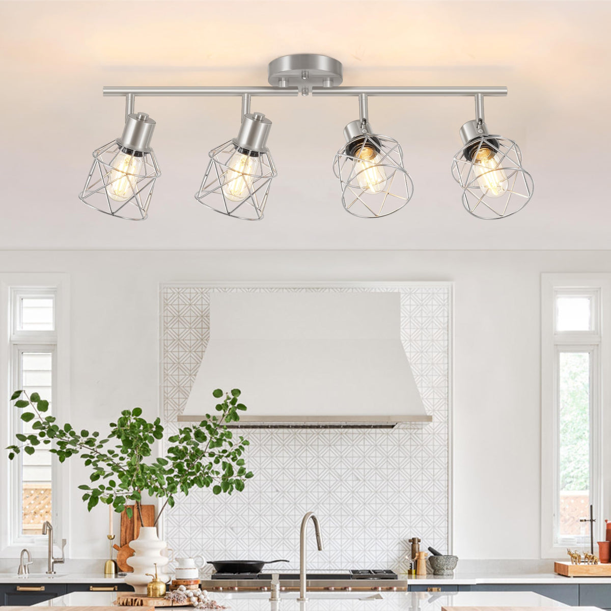 Baocuz 4-Lights Semi Flush Mount Ceiling Light, Adjustable Multi-Directional Light Fixtures, Rotatable Farmhouse Light Fixtures Mount with Metal Cage for Dining Room, Living Room