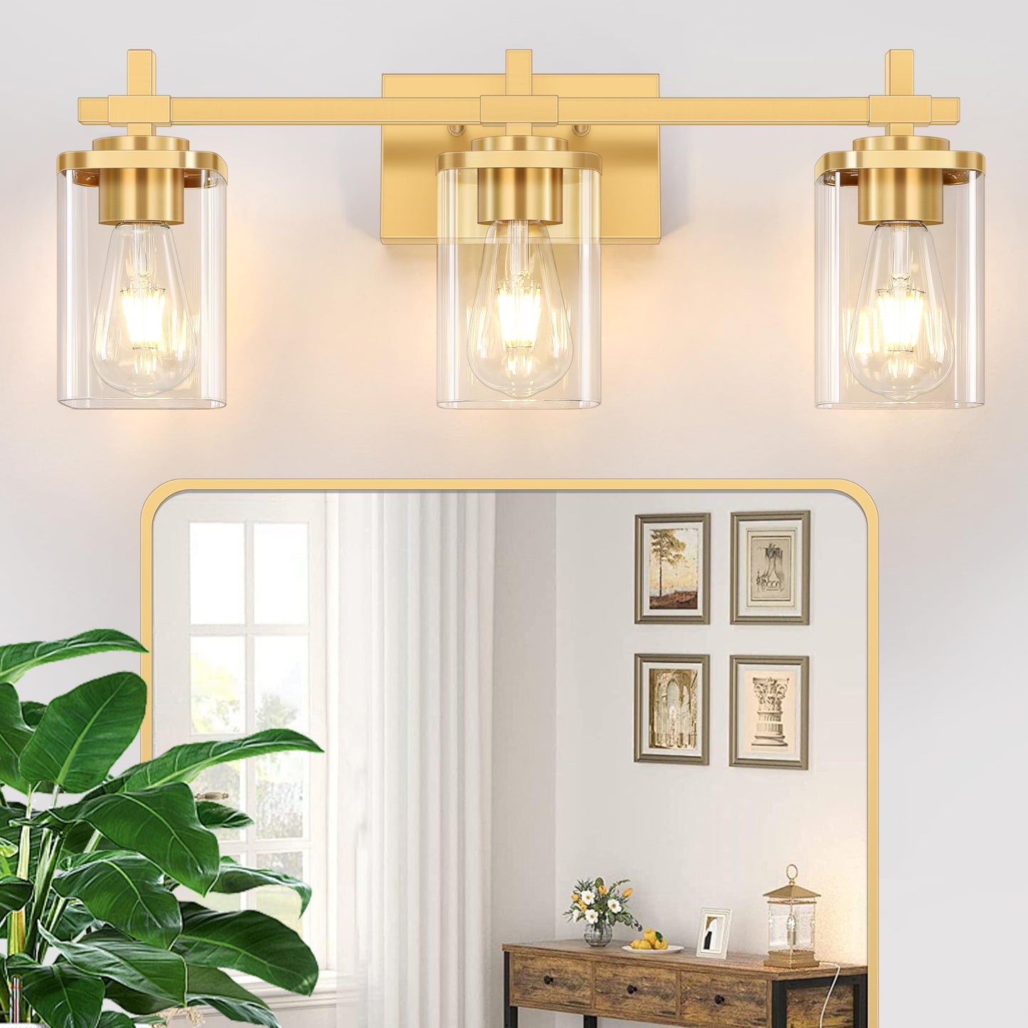 3-Lights Black and Gold Bathroom Light Fixtures Over Mirror, Modern Brushed Gold Vanity Lights for Bathroom, Sconces Wall Lighting with Square Glass Shade for Mirror Bedroom Hallway