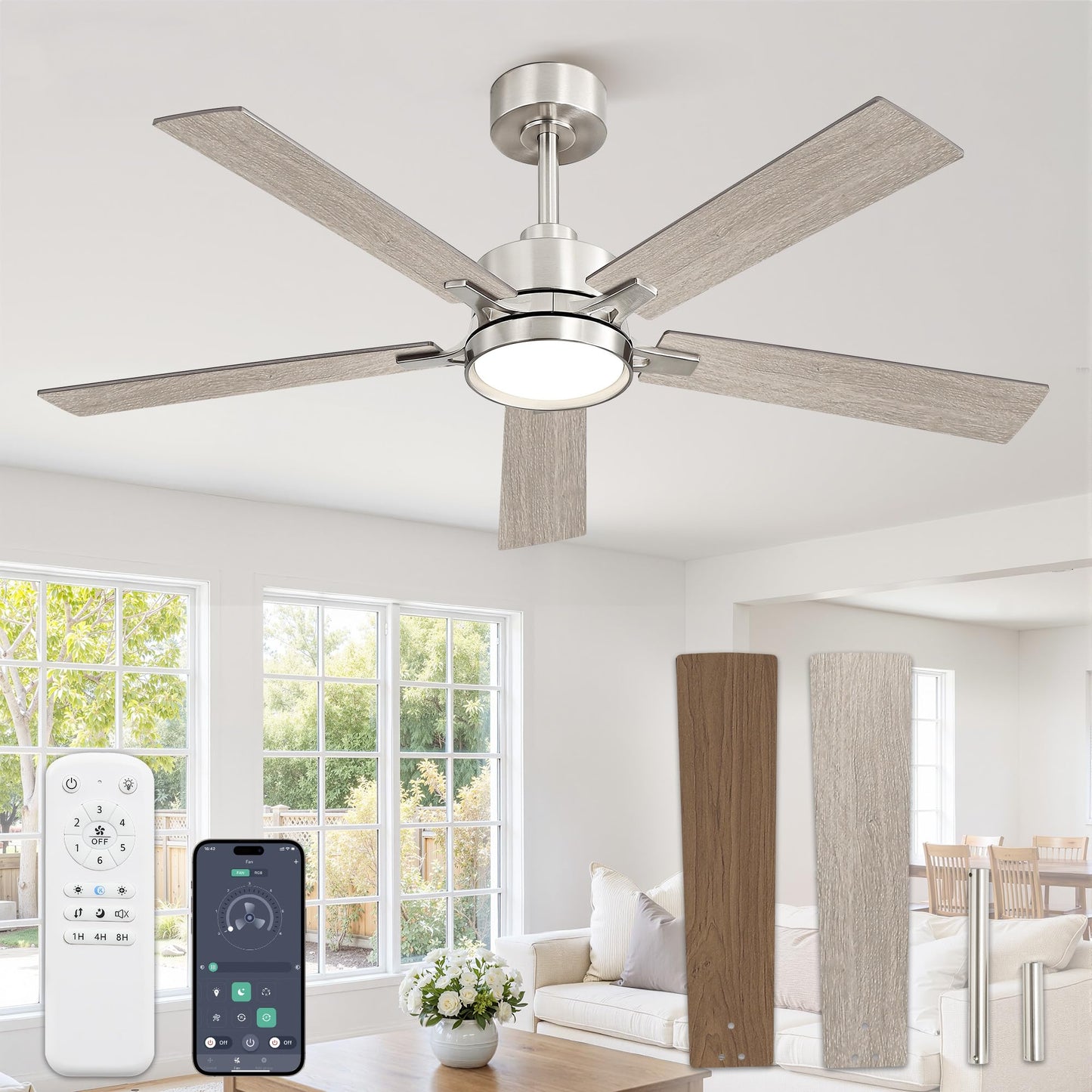 52 Inch Ceiling Fan with Lights,APP&Remote Control,DC Motor | Dimmable LED,3CCT,Memory Function,Dual-Finish Reversible Blades,Damp Rated,6 Speeds,Timer,Living Room,Bedroom,Covered Patio