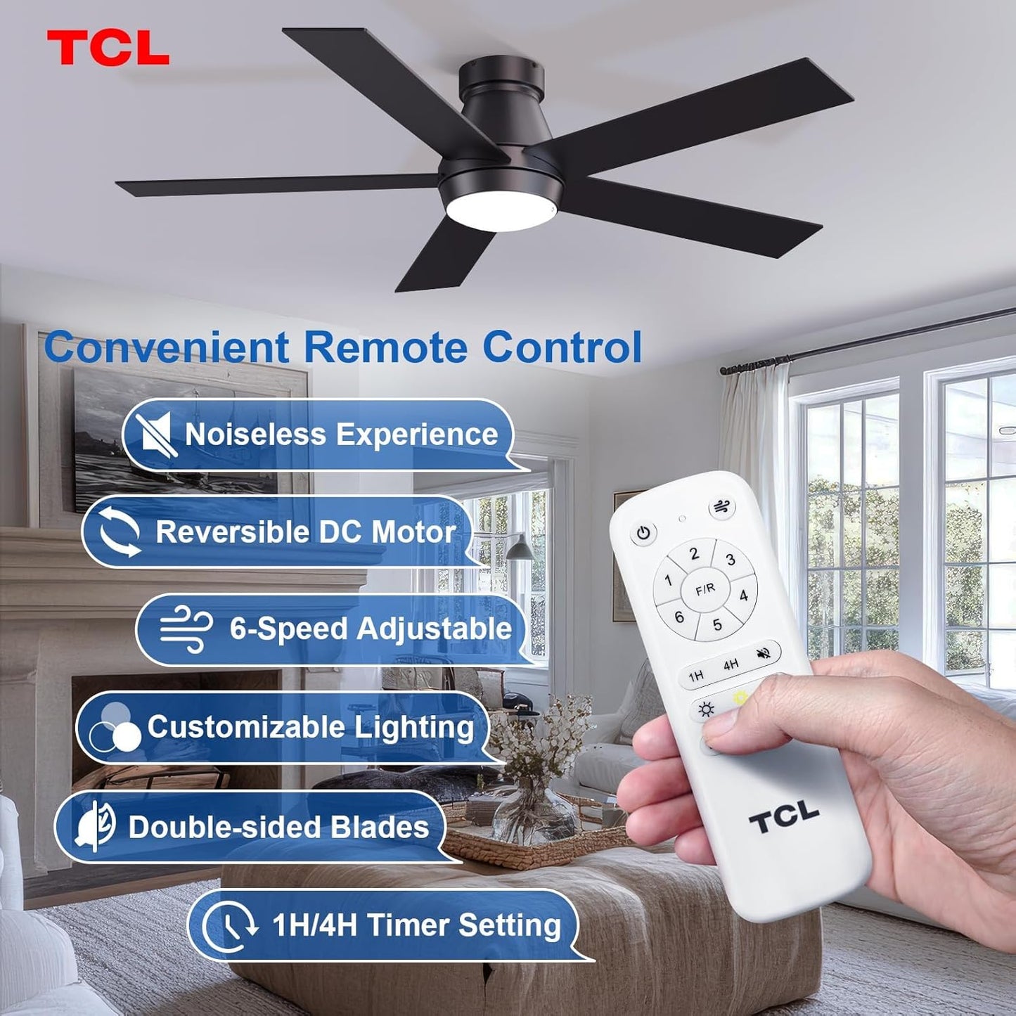 TCL 52" Black Flush Mount Ceiling Fan with Light & Remote | Low profile ceiling fan with quiet 6-speed reversible DC motor. Dimmable LED light. Ideal noiseless fan for bedroom