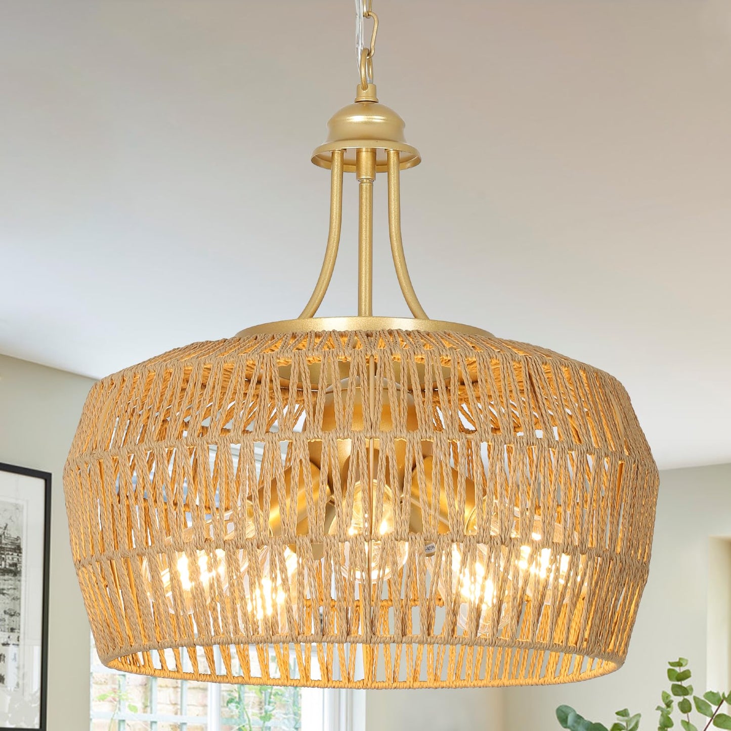 HMVPL Farmhouse Chandelier for Dining Room, 3-Light Boho Rattan Chandelier Light Fixture Ceiling Hanging with Woven Lampshade, Small Wicker Coastal Pendant Light for Kitchen Bedroom Island Hallway