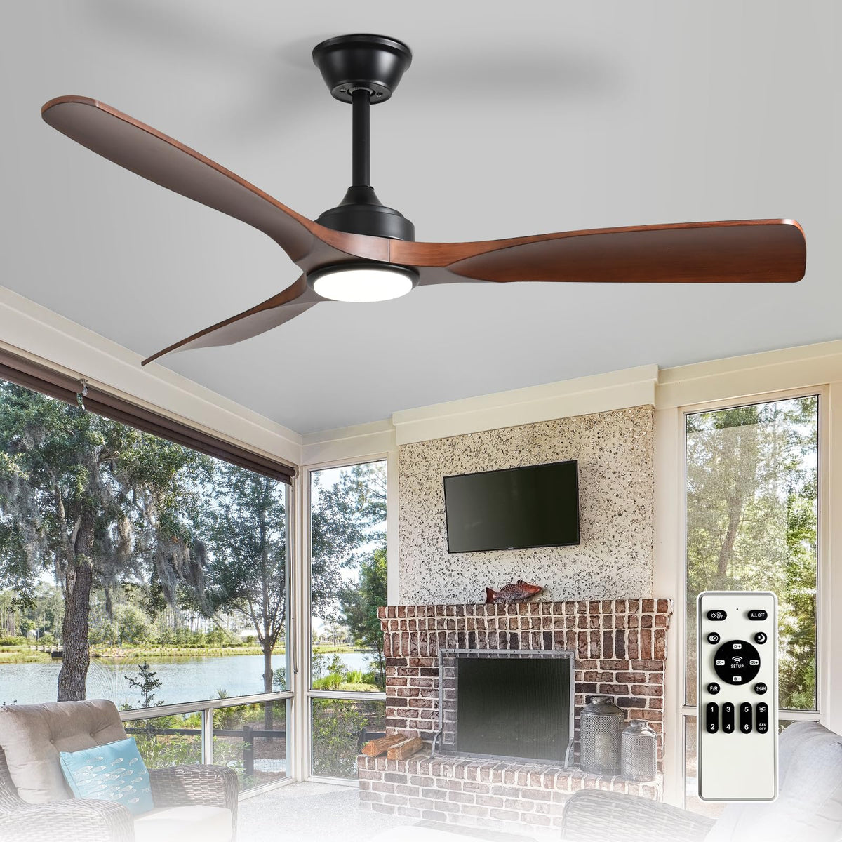 Depuley 52-Inch Ceiling Fan with Light: Black 3 Blade Outdoor Fans for Patios - Dimmable Indoor Fan with Remote Control Fandelier for Living Room Bedroom Porch Quiet Motor Reversible 6 Speed Timer