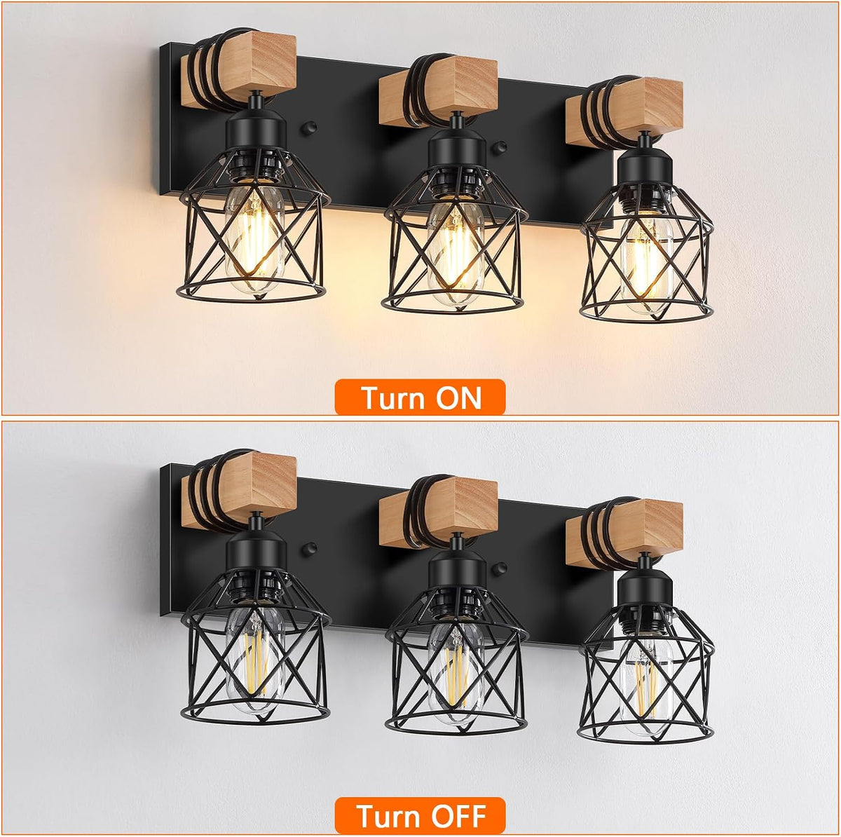 FadimiKoo 3-Light Bathroom Vanity Lights, Farmhouse Bathroom Light Fixtures | Rustic Wood & Black Metal Shade, Wood Bathroom Lighting Fixtures Over Mirror, Wall Sconces for Bathroom Bedroom Living Room