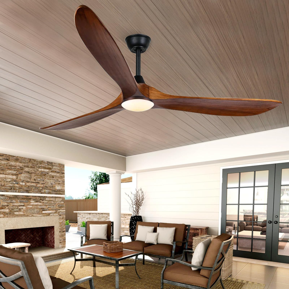 60 inch Outdoor Ceiling Fan for Patios with Light, Farmhouse style | 3 Blades Wood Ceiling Fan, Damp Rated Large Airflow Commercial Ceiling Fans for Exterior House Porch Gazebo