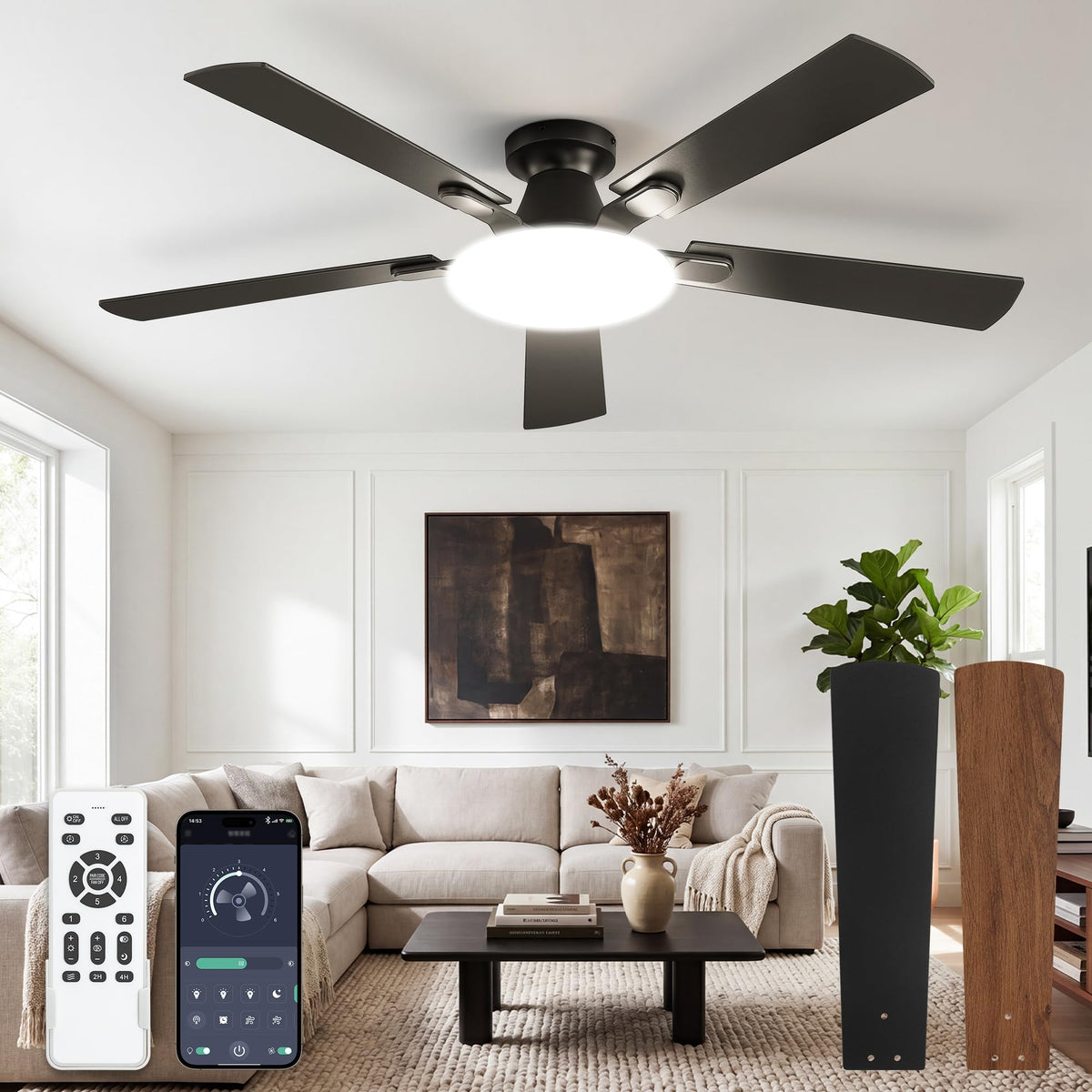 LEDIARY 52 Inch Flush Mount Ceiling Fans with Lights, Remote & APP Control | Bright Light, 3CCT, Memory Function, Timer, Reversible Blade, Quiet DC Motor, Damp-Rated, Living Room, Bedroom, Covered Patio